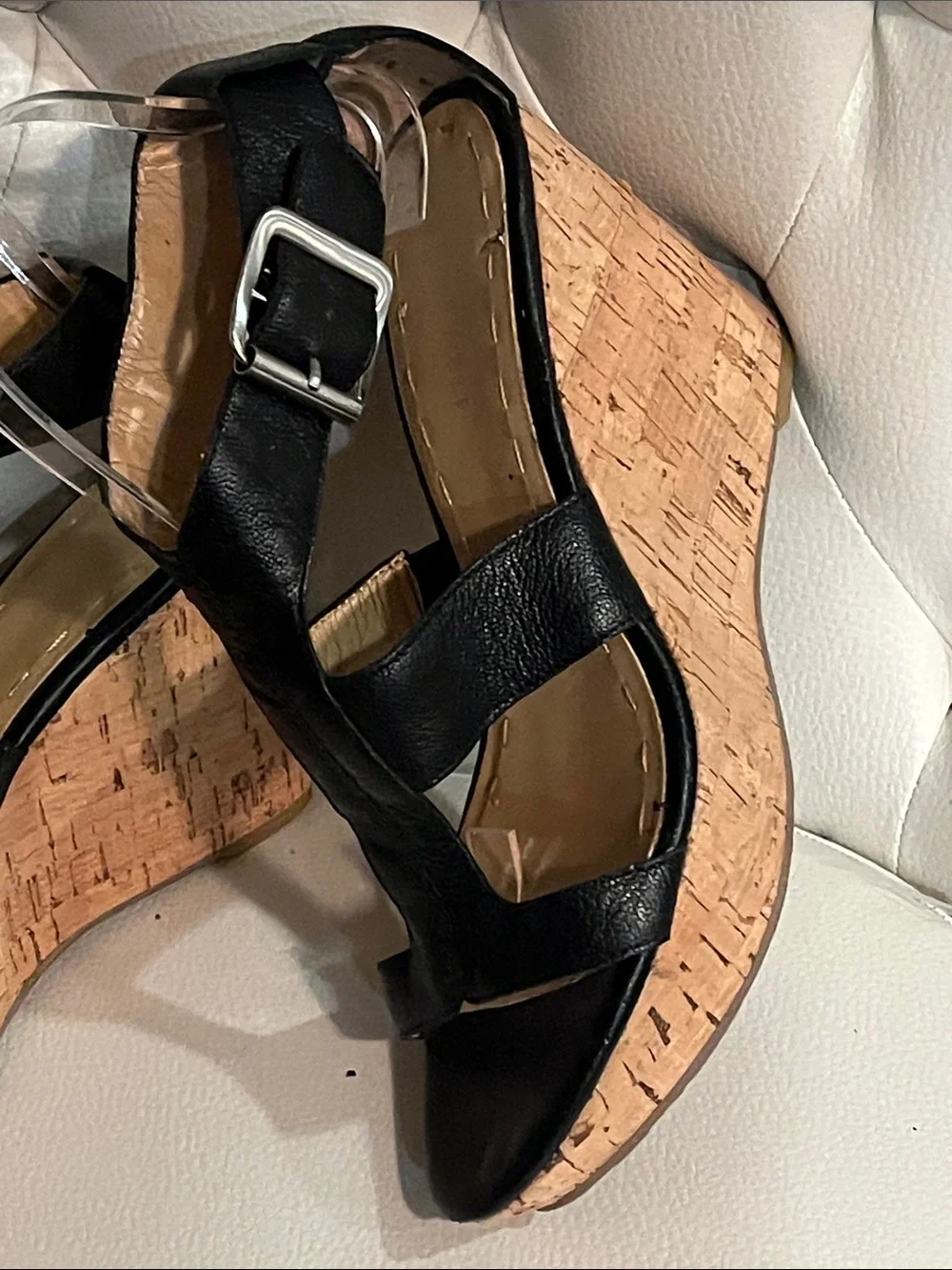 Nine West Black Leather Cork Wedge Sandals Size 8